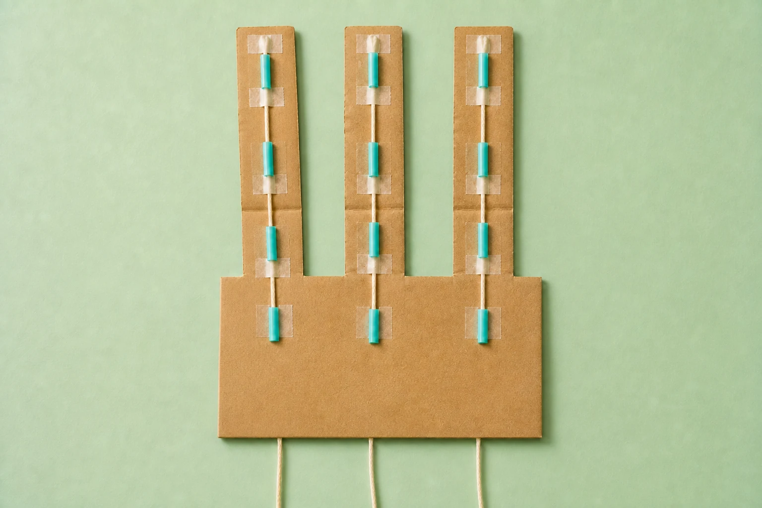 A cardboard hand with three paper fingers, straws and strings.