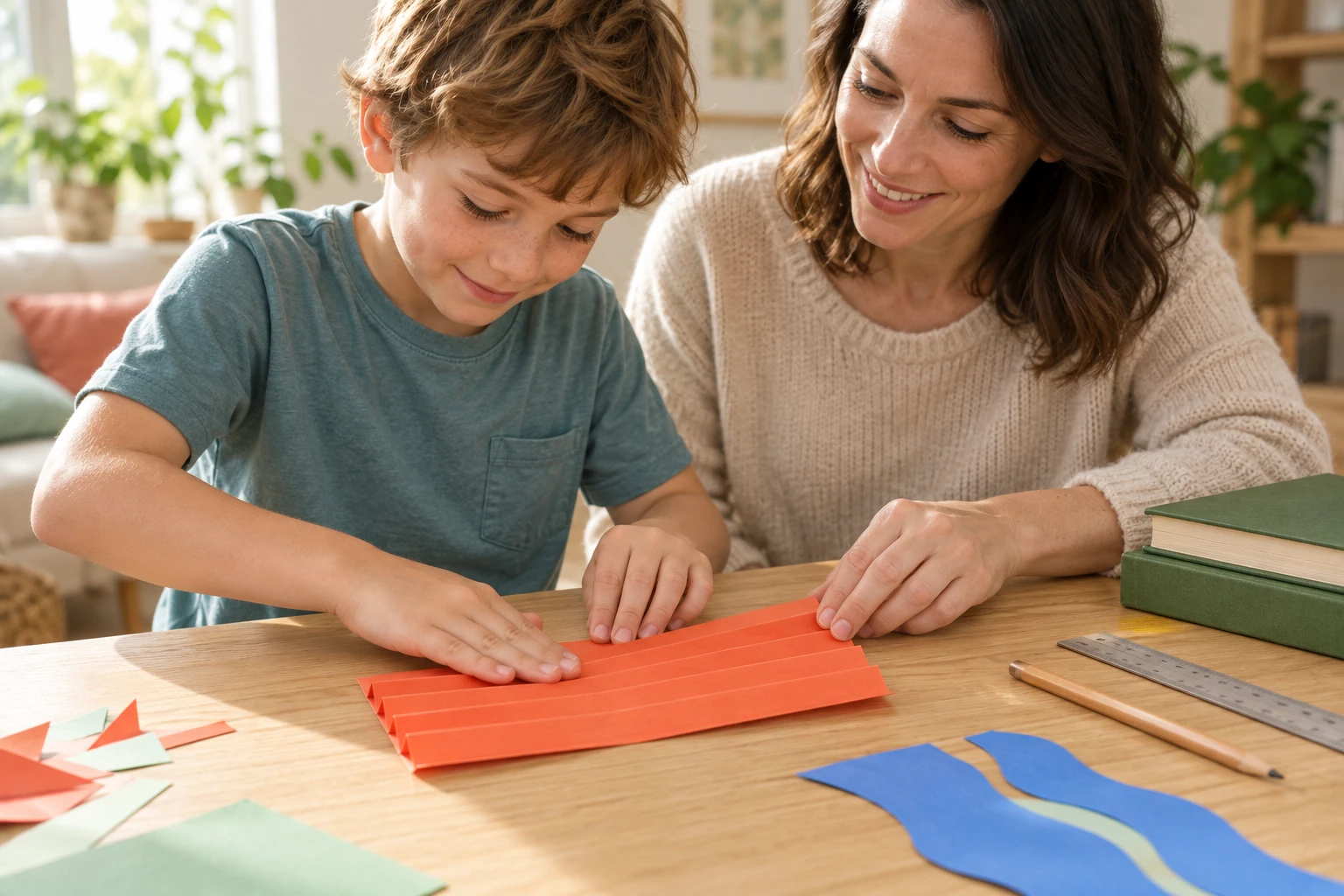 A child pressing the long folds in orange paper while his mom gently holds the corner.
