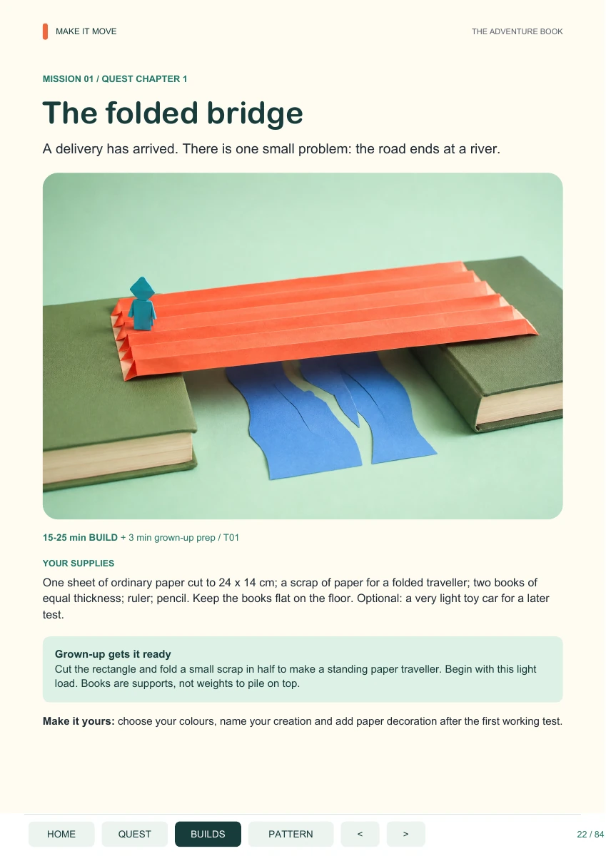 Page 22 of Make It Move: the folded bridge mission, supplies and grown-up preparation.